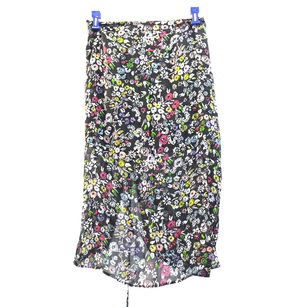 Vintage Floral Midi Skirt Black Sheer Overlay Boho Cottagecore Womens Medium